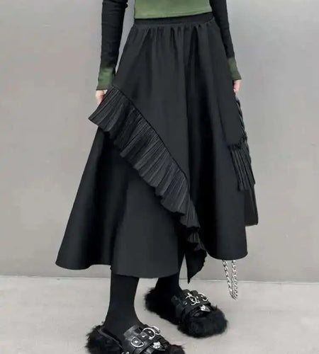 High Elastic Waist Black Irregular Pleated A-line Half-body Casual Skirt Women Fashion Tide New Spring Autumn 2025 1DH3690