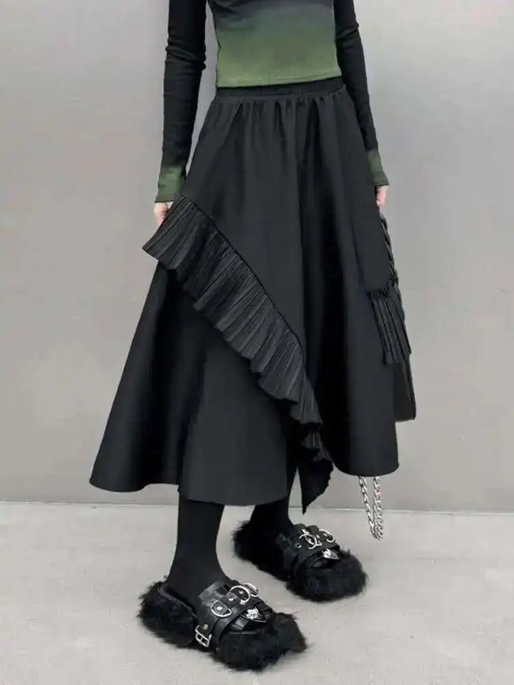 High Elastic Waist Black Irregular Pleated A-line Half-body Casual Skirt Women Fashion Tide New Spring Autumn 2025 1DH3690