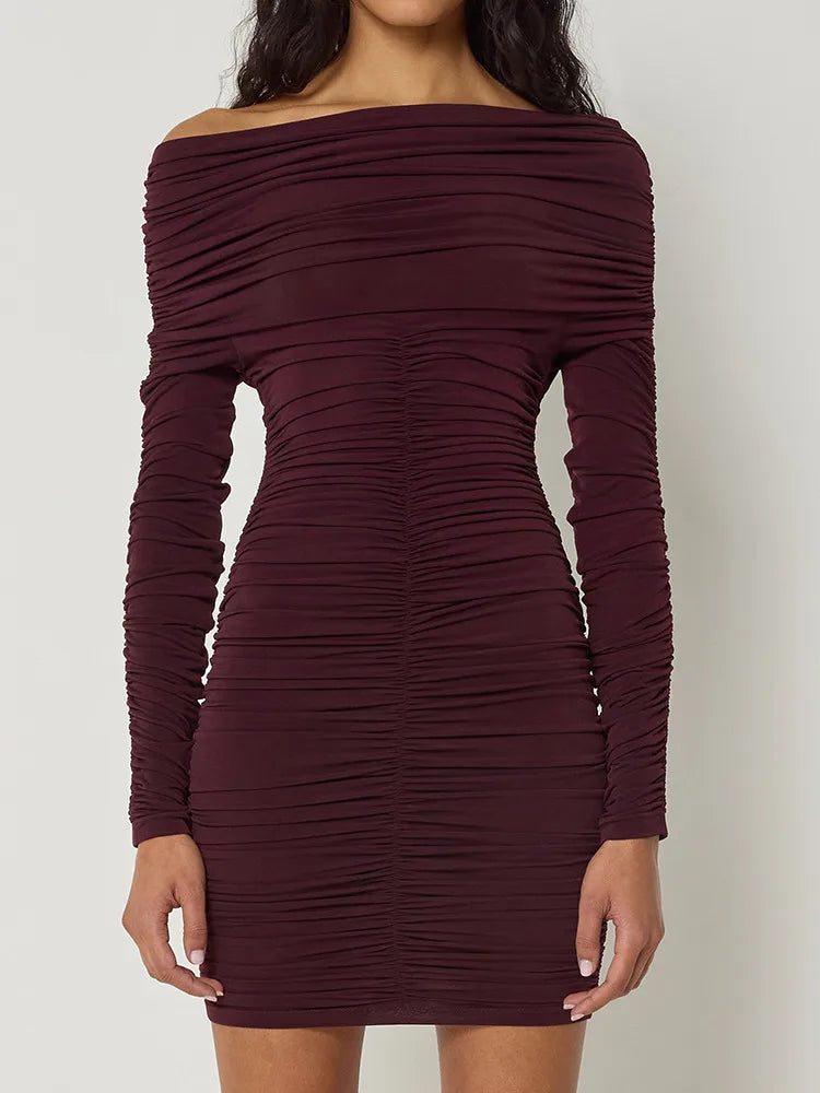 Inclined Shoulder Long Sleeve Sexy Mini Dress For Women Autumn New Fashion Backless Ruched Bodycon Party Sexy Dress