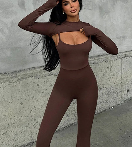 Fashion Stretch Tight Long Sleeve Top Strap Jumpsuit Set For Women Sexy Hollow Out Slim Two Piece Set Winter New2025 Set