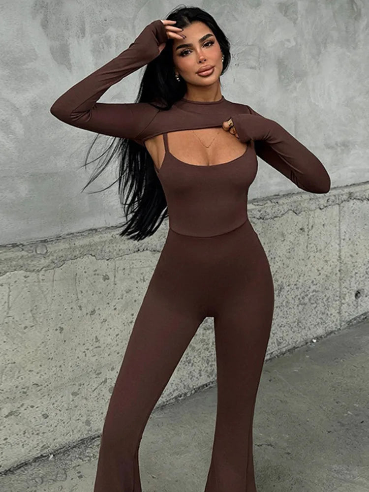 Fashion Stretch Tight Long Sleeve Top Strap Jumpsuit Set For Women Sexy Hollow Out Slim Two Piece Set Winter New2025 Set