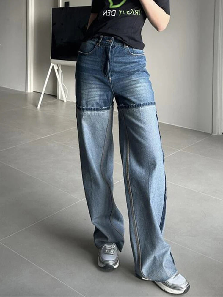 Casual Patchwork Denim Pants For Women High Waist Spliced Pockets Hit Color Loose Wide Leg Pant Female Fashion