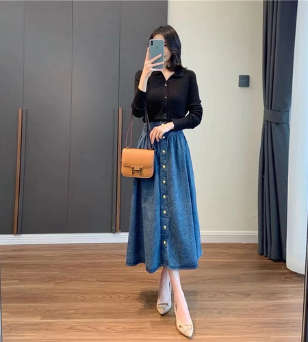 Summer Elegant Women's A-line Skirts Streetwear Korean Style High Waist  Midi Classic Vintage Jeans Skirt Women Slim Casual