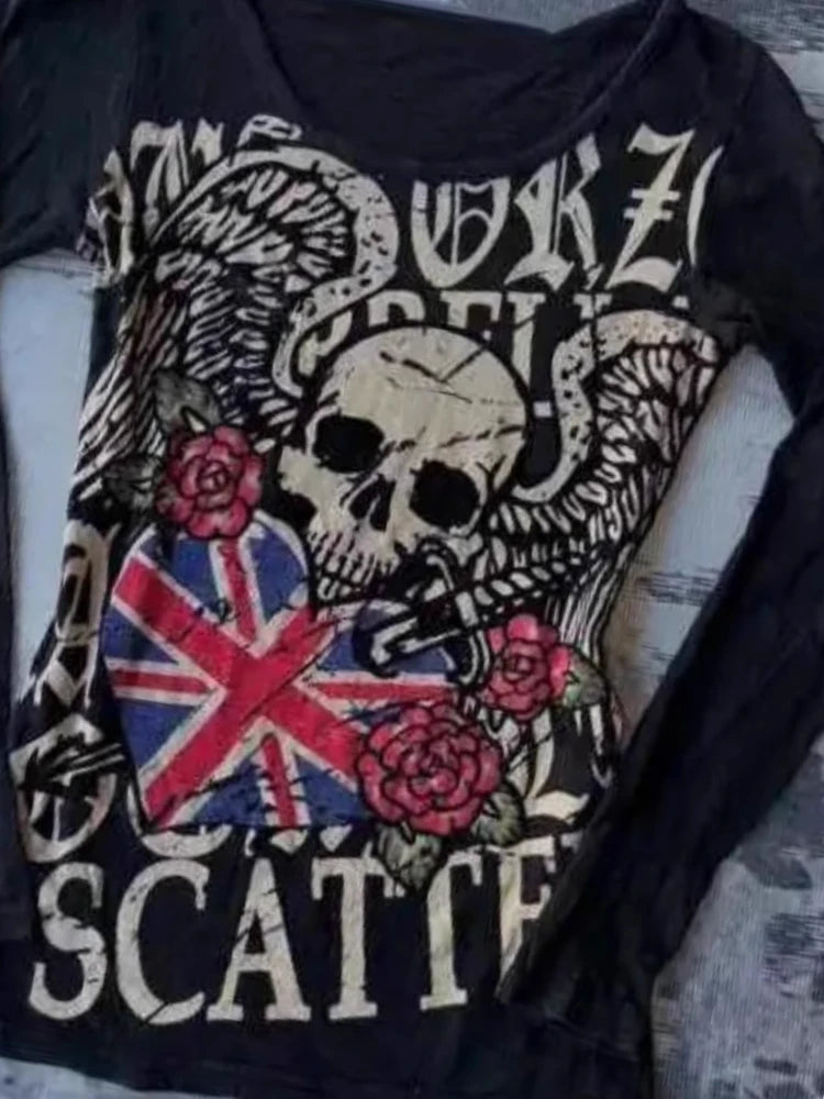 Gothic Punk Letter Skull Print Y2k Tops Slim Harajuku Vintage Aesthetic Tee Shirts Streetwear Slim Long Sleeve Women's T-Shirts
