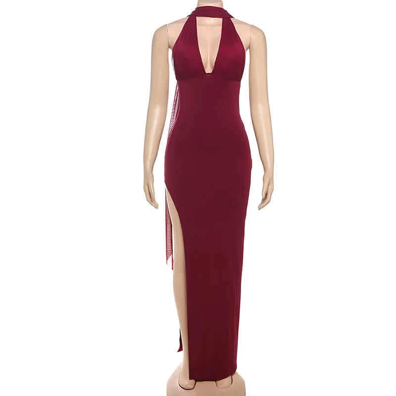 Scarf Collar Backless Sexy Maxi Dress Women Gown Fashion Halter Deep V Neck Thigh High Split Bodycon Long Dress