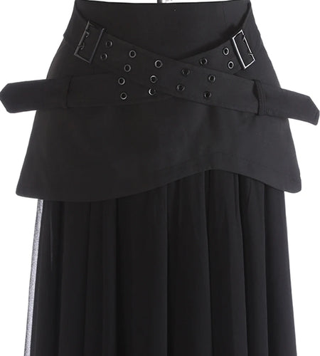 High Waist Black Buckle Cross Mesh Spliced A-line Half-body Skirt Women Fashion Tide New Spring Autumn 2025 1DJ1261