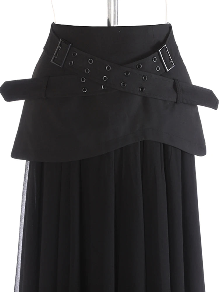 High Waist Black Buckle Cross Mesh Spliced A-line Half-body Skirt Women Fashion Tide New Spring Autumn 2025 1DJ1261