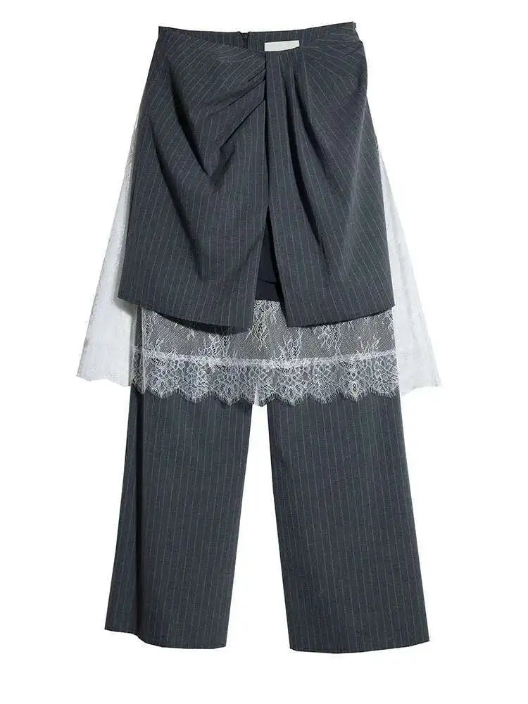 High Waist Gray Striped Lace Irregular Long Wide Leg Pants New Trousers Women Fashion Tide Spring Autumn 2025 1DH7081