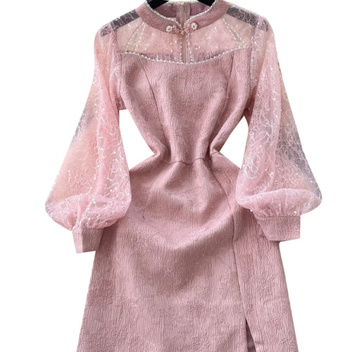 Load image into Gallery viewer, Autumn 2024 New Chinese Style Retro Elegant Long Sleeve Slim Evening Party Dresses Women Pink Sequin Patchwork Lace Short Dress
