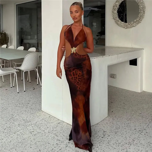 Load image into Gallery viewer, Halter Deep V Neck Print Sexy Maxi Dress For Women Gown Summer New Hollow Out Sleeveless Backless Beach Long Dress
