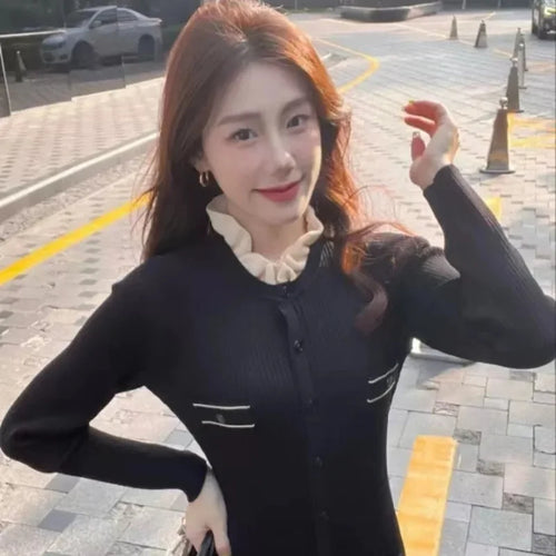 Load image into Gallery viewer, Korean 2024 Autumn Winter New Ladies Black Elegant Long Sleeve Knitted Dress Women Fashion Crew Neck Slim Single Breasted Dress
