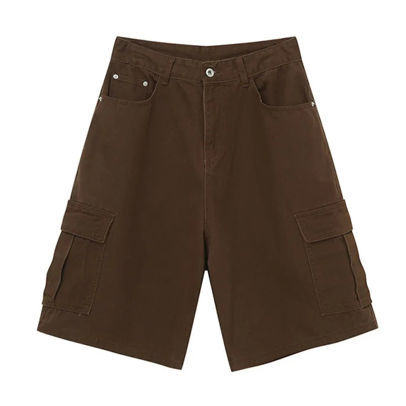 Summer New Trendy Men's Denim Shorts Retro Washed Wide Leg Short Jeans Straight Solid Color Male Casual Bottoms 9C6402