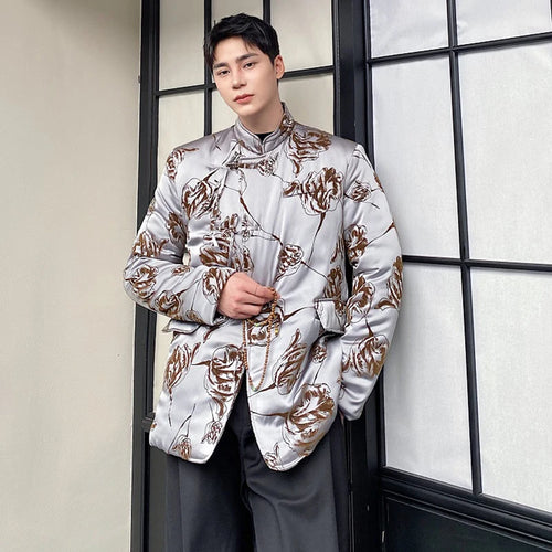 Load image into Gallery viewer, Chinese Style Men&#39;s Padded Jackets Printing Contrast Color Stand Collar Knot Button Casual Male Cotton Coats Winter 9C8956
