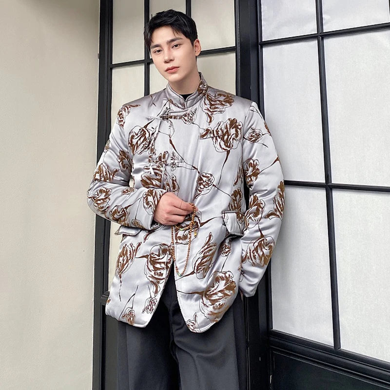 Chinese Style Men's Padded Jackets Printing Contrast Color Stand Collar Knot Button Casual Male Cotton Coats Winter 9C8956