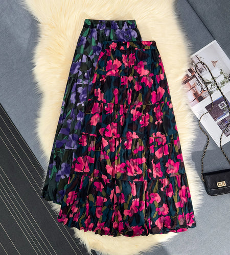 Korean Fashion Red Floral Print Skirt Women 2024 Spring Summer New Purple Floral Elegant A-line Beach Holdiay Long Skirts Trendy