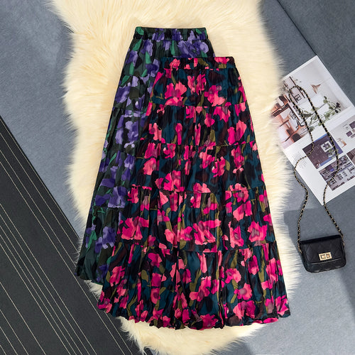 Load image into Gallery viewer, Korean Fashion Red Floral Print Skirt Women 2024 Spring Summer New Purple Floral Elegant A-line Beach Holdiay Long Skirts Trendy
