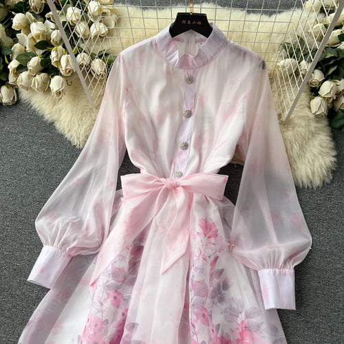Load image into Gallery viewer, Autumn 2024 Retro Fashion Pink Flower Single Breasted Elegant Long Dress Women Blue Stand Neck Long Sleeve Print Bohemian Dress
