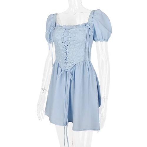 Load image into Gallery viewer, Elegant Short Puff Sleeve Sexy Mini Dress Women Fashion Square Collar Backless A-line Pleated Club Party Dress Vintage
