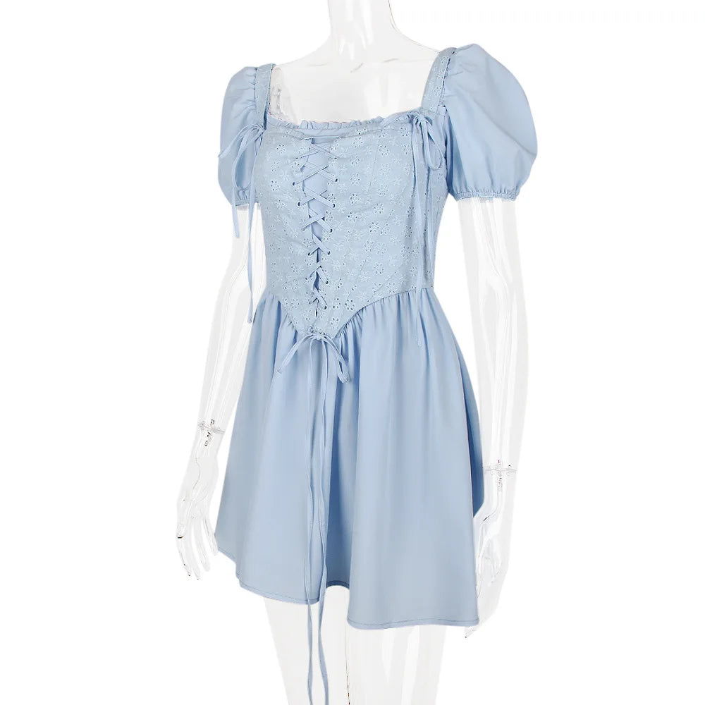 Elegant Short Puff Sleeve Sexy Mini Dress Women Fashion Square Collar Backless A-line Pleated Club Party Dress Vintage