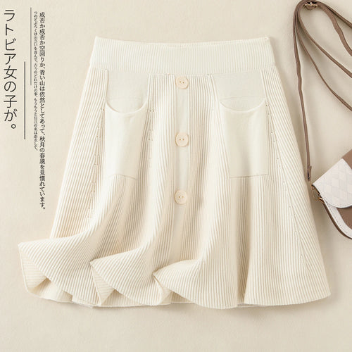 Load image into Gallery viewer, Autumn Winter Solid Slim Single Breasted Knitted Mini Pleated Skirts Women's Elastic High Waist A-line Short Skirt Sexy Club New
