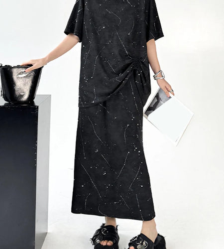 Printed Pleated T-shirt Skirt Two Pieces Suit New Round Neck Short Sleeve Women Fashion Tide Spring Summer 2025 1DJ1161