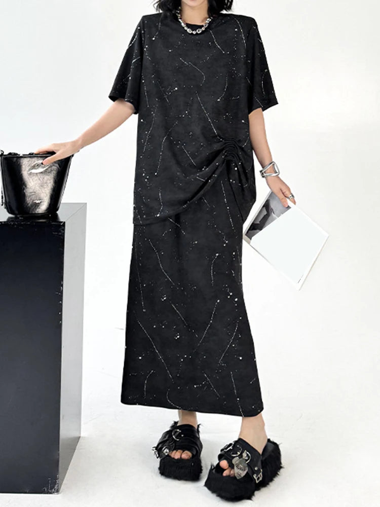 Printed Pleated T-shirt Skirt Two Pieces Suit New Round Neck Short Sleeve Women Fashion Tide Spring Summer 2025 1DJ1161