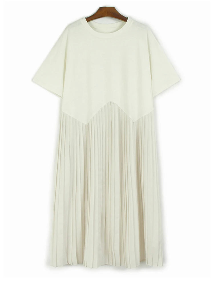 Women Black Pleated Spliced Big Size Midi Dress New Round Neck Short Sleeve Fashion Tide Spring Summer 2025  1DJ0989