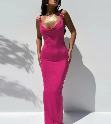 Flower Spaghetti Strap Backless Maxi Dress Women Rose Pink Bodycon Slipdress Ladies Elegant Sexy Club Party Dress