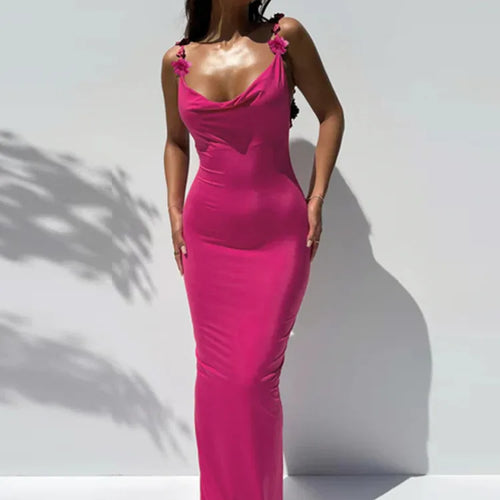 Load image into Gallery viewer, Flower Spaghetti Strap Backless Maxi Dress Women Rose Pink Bodycon Slipdress Ladies Elegant Sexy Club Party Dress

