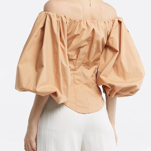 Load image into Gallery viewer, Solid Minimalist Patchwork Button Shirts For Women Slash Neck Off Shoulder Lantern Sleeve Temperament Slimming Shirt Female
