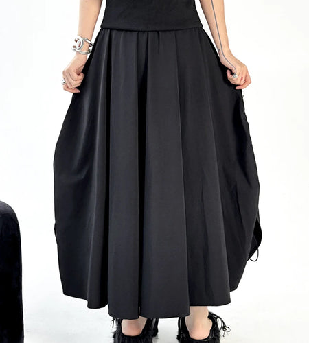 High Elastic Waist Black Pocket Pleated Drawstring A-line Half-body Skirt Women Fashion New Spring Autumn 2025 1DJ1169