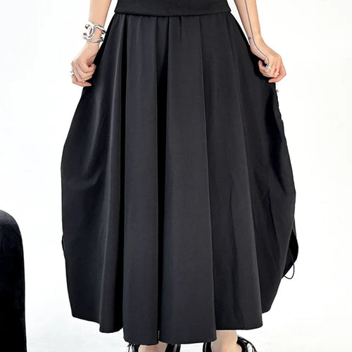 Load image into Gallery viewer, High Elastic Waist Black Pocket Pleated Drawstring A-line Half-body Skirt Women Fashion New Spring Autumn 2025 1DJ1169
