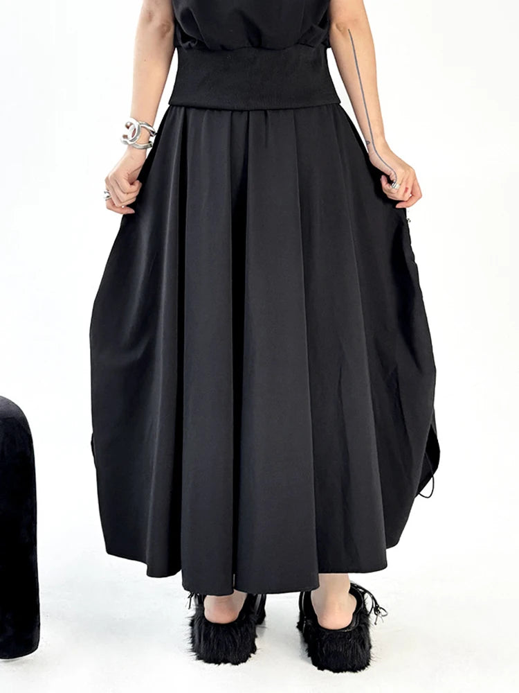 High Elastic Waist Black Pocket Pleated Drawstring A-line Half-body Skirt Women Fashion New Spring Autumn 2025 1DJ1169