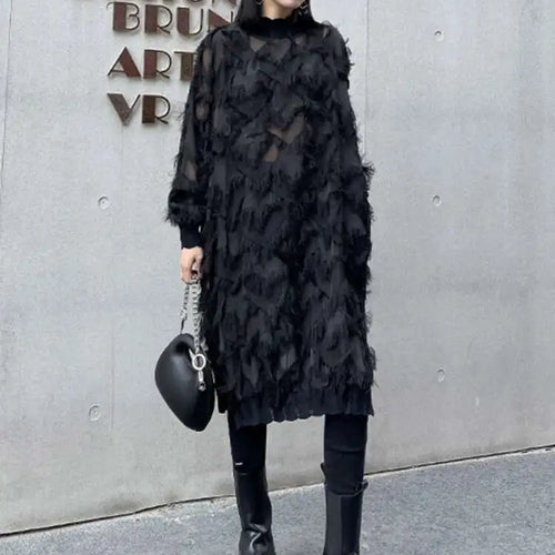 Load image into Gallery viewer, Women Black Tassels Perspective Big Size Knee-Length Dress New Turtleneck Long Sleeve Fashion Spring Autumn 2025 1DH8741
