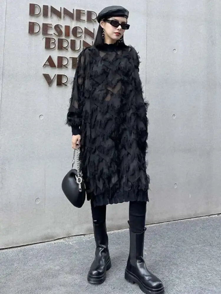 Women Black Tassels Perspective Big Size Knee-Length Dress New Turtleneck Long Sleeve Fashion Spring Autumn 2025 1DH8741