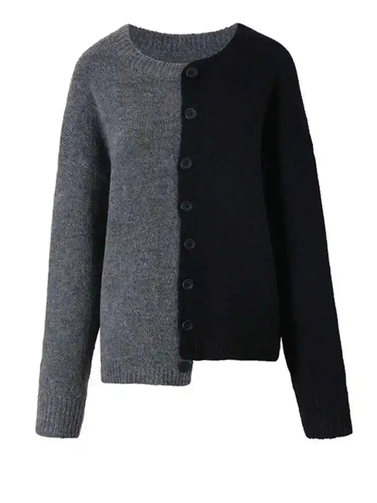 Color-block Big Size Knitting Cardigan Sweater Loose Fit --Neck Long Sleeve Women New Fashion Autumn Winter 2025 1DF2470