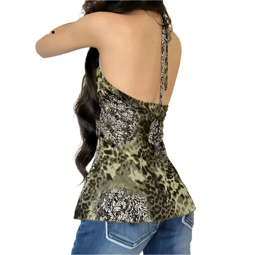 Load image into Gallery viewer, Retro Leopard Print Tanks &amp; Camis 2000s Clothes Y2k Asymmetrical Ruffled Backless Halter Tops Women Clothing P84-BI15
