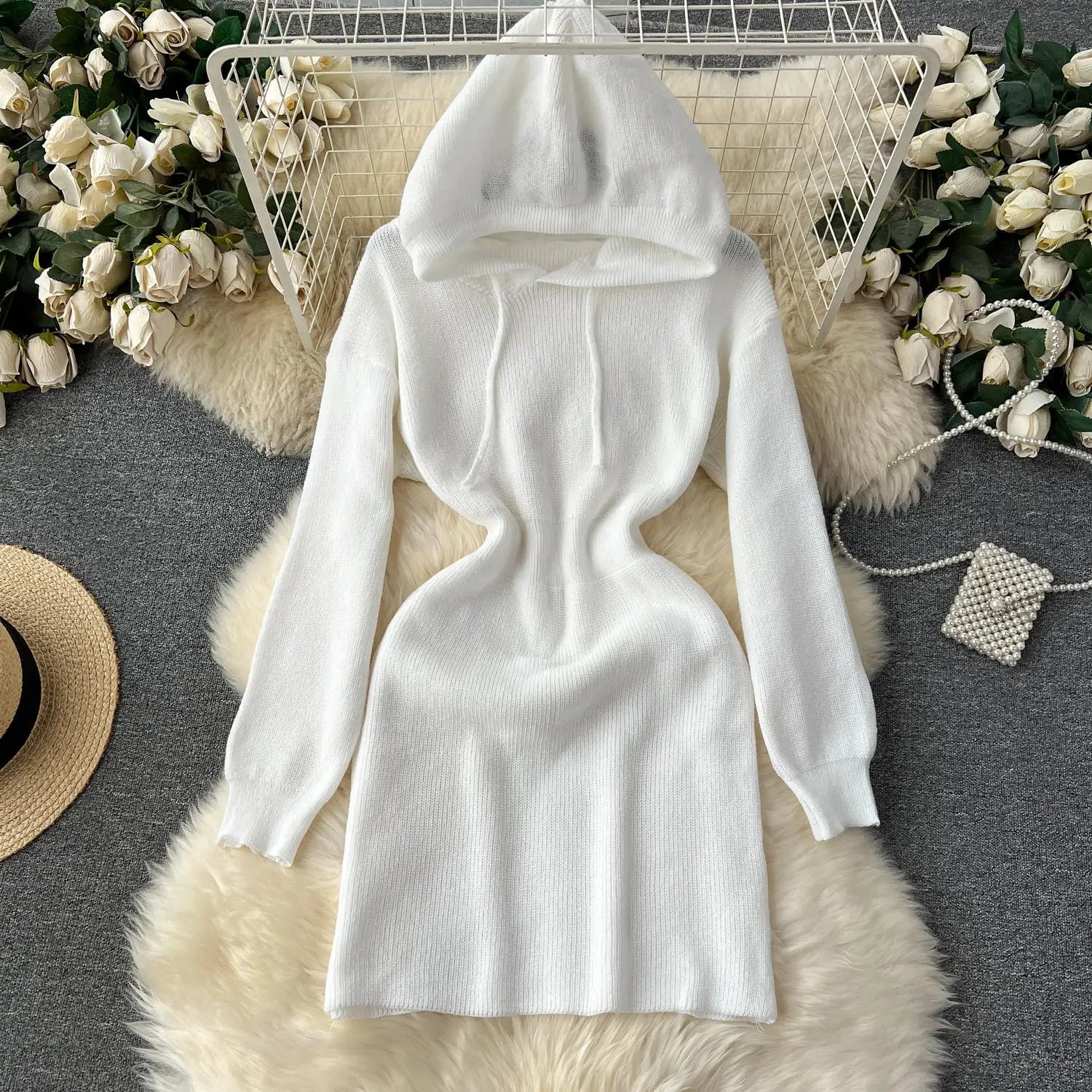 Autumn New White Slim Elegant Long Sleeve Hooded Mini Dress Women Black Elegant Slim Gray Knit Hip Wrap Dresses Popular Fashion