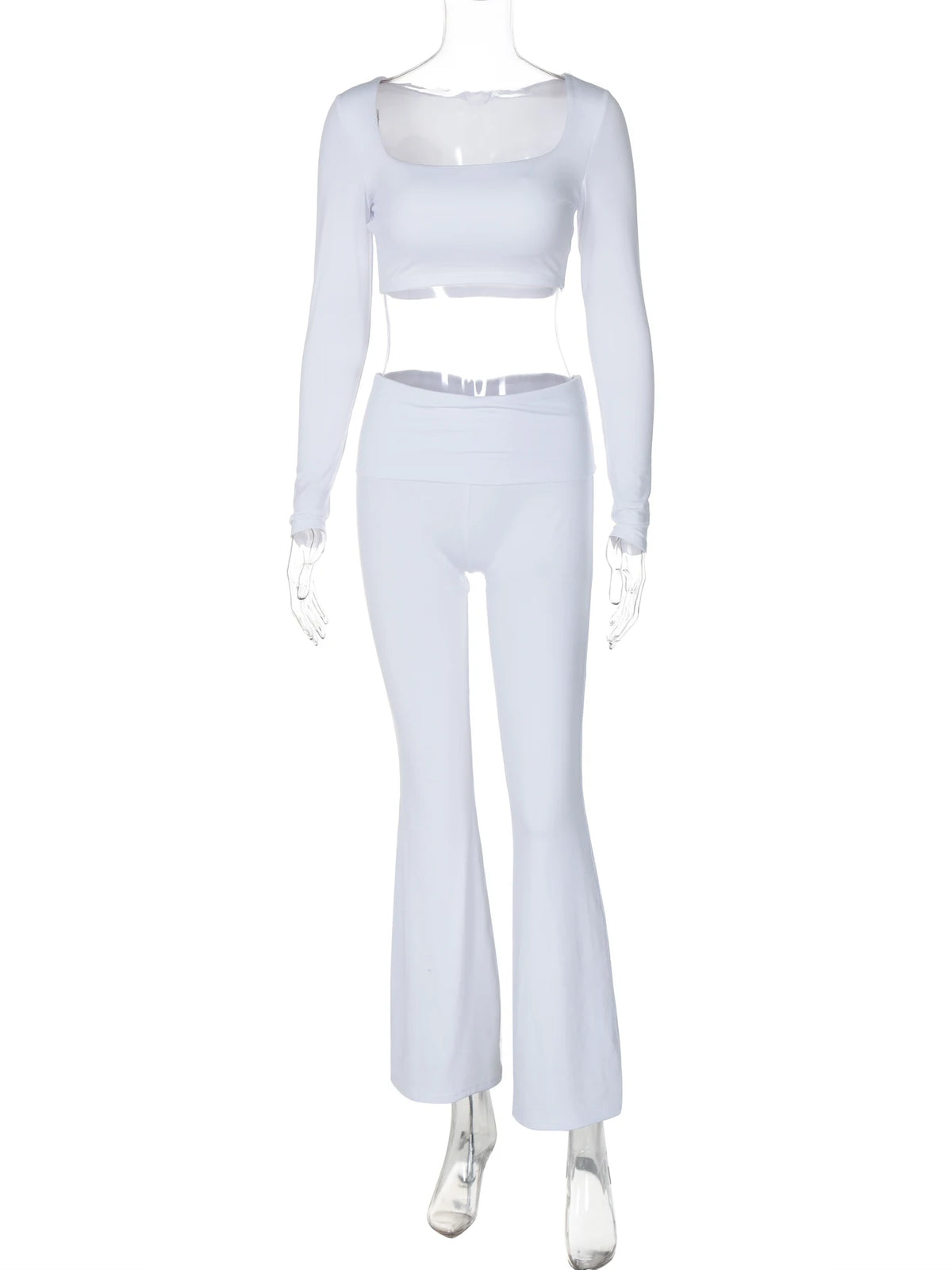 Casual 2 Piece Sets Square Collar Long Sleeve Solid Sexy Slim Crop Top Wide Leg Pants Fall Women Outfits Holiday Sport