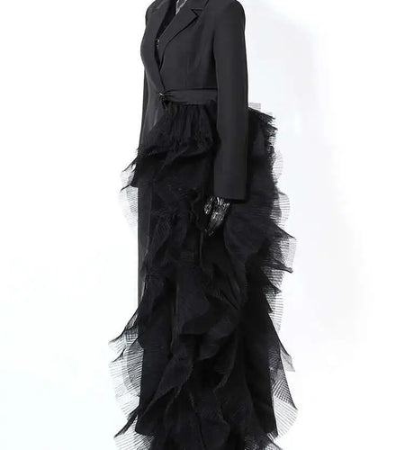 Women Black Irregular Mesh Big Size Long Elegant Blazer New Lapel Long Sleeve Jacket Fashion Spring Autumn 2025 7AB4743