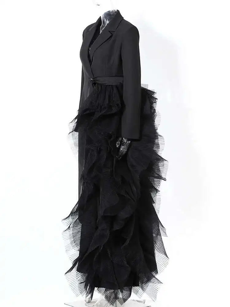 Women Black Irregular Mesh Big Size Long Elegant Blazer New Lapel Long Sleeve Jacket Fashion Spring Autumn 2025 7AB4743