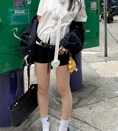 Women White Three-dimensional Flower Big Size Blouse New Lapel Short Sleeve Shirt Fashion Tide Spring Summer 2025 1DJ0058