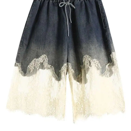 Load image into Gallery viewer, Denim Lace Elegant Tank Top Wide Leg Shorts Two Piece Suit New V-Neck Women Fashion Tide Spring Summer 2025 7AB4274
