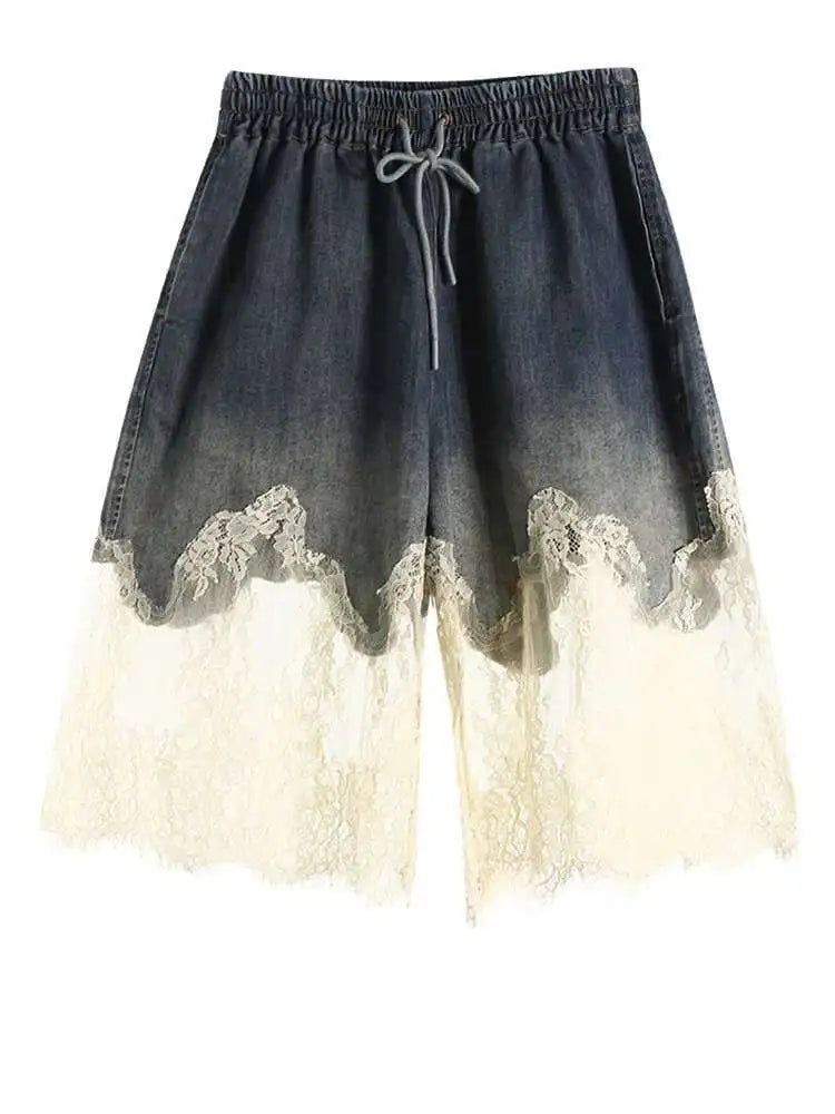 Denim Lace Elegant Tank Top Wide Leg Shorts Two Piece Suit New V-Neck Women Fashion Tide Spring Summer 2025 7AB4274