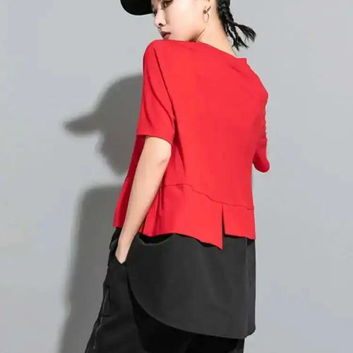 Load image into Gallery viewer, Women Red Color-block Irregular Big Size T-shirt New Round Neck Short Sleeve Fashion Tide Spring Summer  2025 1DF5310
