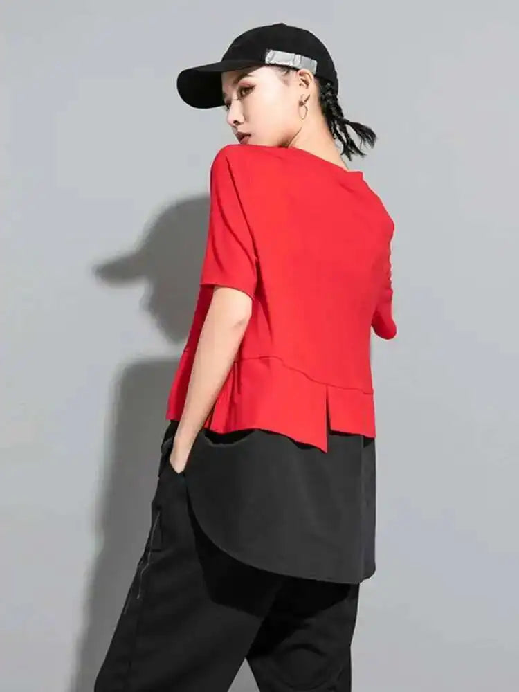 Women Red Color-block Irregular Big Size T-shirt New Round Neck Short Sleeve Fashion Tide Spring Summer  2025 1DF5310