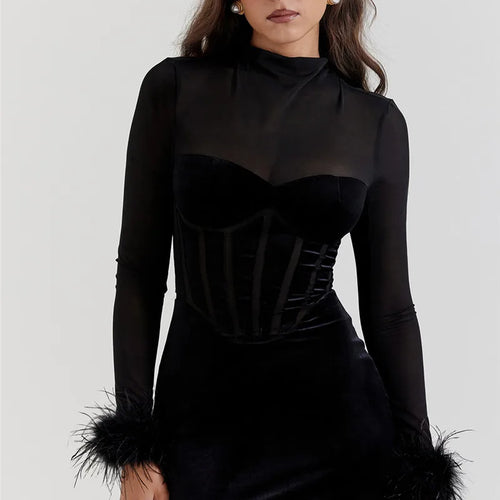 Load image into Gallery viewer, Elegant Feather Sexy Midi Dress For Women Black Fashion Sheer Long Sleeve Backless Bodycon Club Party Long Dress
