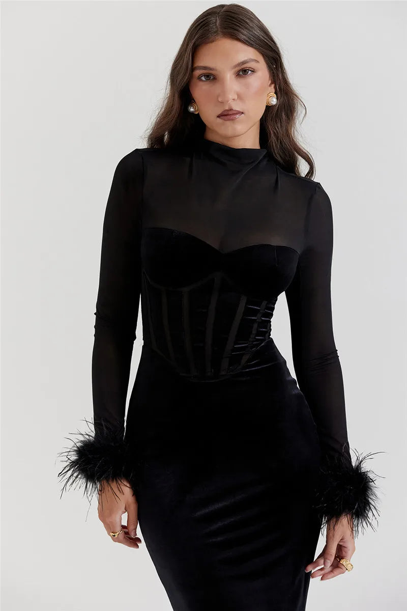 Elegant Feather Sexy Midi Dress For Women Black Fashion Sheer Long Sleeve Backless Bodycon Club Party Long Dress