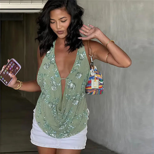 Load image into Gallery viewer, Glitter Deep V Neck Sexy Tank Tops Women Vest Pullovers Summer New Sparkle Backless Cropped Tops Elegant Beach Tops
