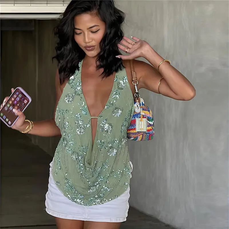 Glitter Deep V Neck Sexy Tank Tops Women Vest Pullovers Summer New Sparkle Backless Cropped Tops Elegant Beach Tops